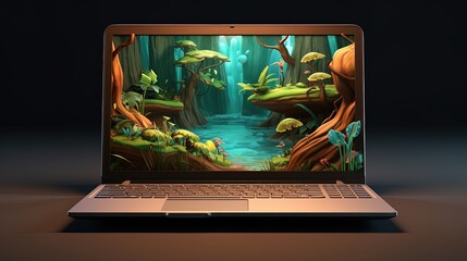 Laptop with 3D wallpaper, background technology, ai generative