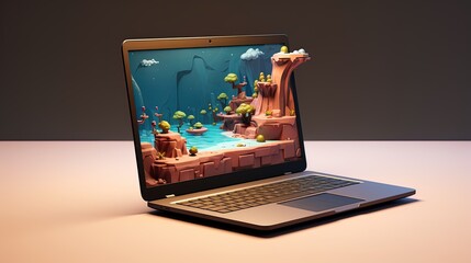 Laptop with 3D wallpaper, background technology, ai generative