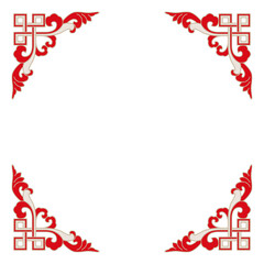 Red white ornate corner design. Square symmetrical pattern decorative border frame. Elegant intricate detailed abstract geometric floral.