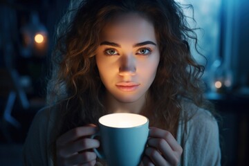 Young woman drinks coffee in the morning It starts the day with a positive attitude and energizes the body.