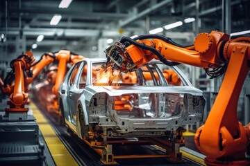 Automobile factory: Automated robot arm production line for high electric vehicle production, building automation in construction.
