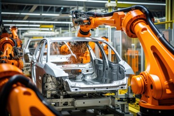 Automobile factory: Automated robot arm production line for high electric vehicle production, building automation in construction.