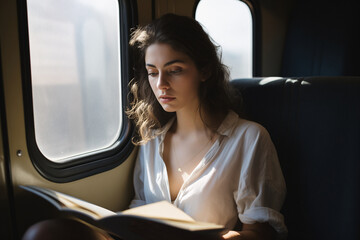 Woman reading a book on a train