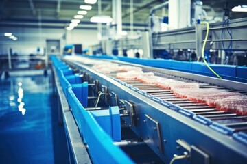Instant seafood production industry Conveyor belt at food factory - obrazy, fototapety, plakaty