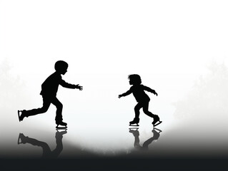 Fototapeta na wymiar Children are having fun playing ice-skating. 2D flat silhouette style illustration. 
