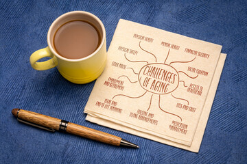 challenges of aging infographics or mind map sketch on a napkin with coffee, senior lifestyle concept