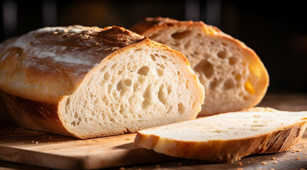 Artisan sourdough bread, freshly sliced with a perfect crust and soft crumb.