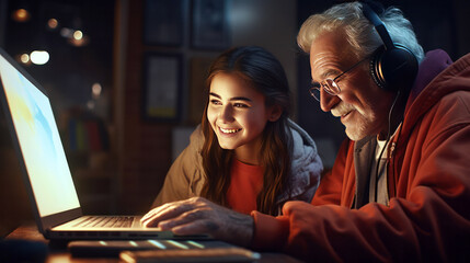 granddaughter teaching grandfather how to use computer - obrazy, fototapety, plakaty