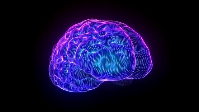 Artificial intelligence (AI) brain: neural network, deep learning technology and digital brain power abstract concept. Rotating 3D pixelated blue glow human brain on black background, looped animation