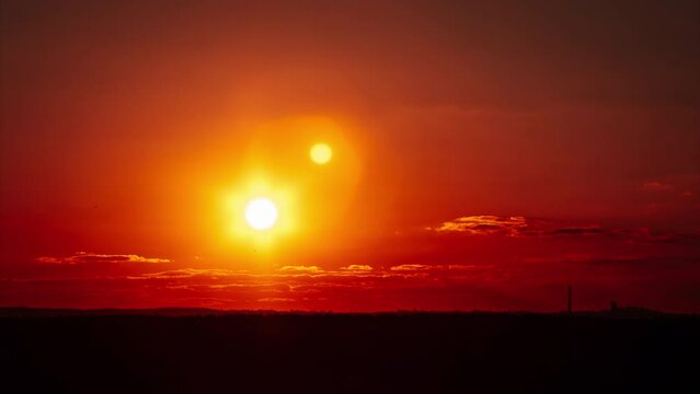 Amazing sunset in orange sky with soft clouds, Timelapse. 4K. Bright sun setting down above the horizon. Dramatic colorful dark sunset epic clouds. Vibrant color. Time-lapse. Sundown, Cloudscape