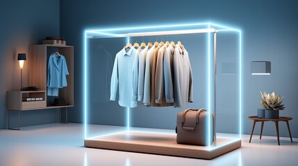 Clothes store or showroom with clothes hanging on a showcase