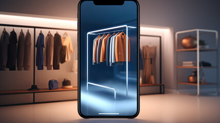 Online shopping concept with mobile phone inside of a cloth store