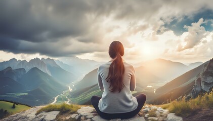 A relaxed Woman practices meditation on the mountain. Concept of relaxation and harmony.