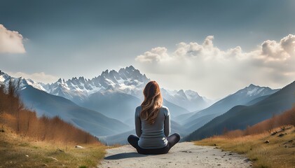 A relaxed Woman practices meditation on the mountain. Concept of relaxation and harmony.