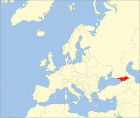 Red CMYK national map of GEORGIA inside detailed beige blank political map of European continent on blue background using Mollweide projection