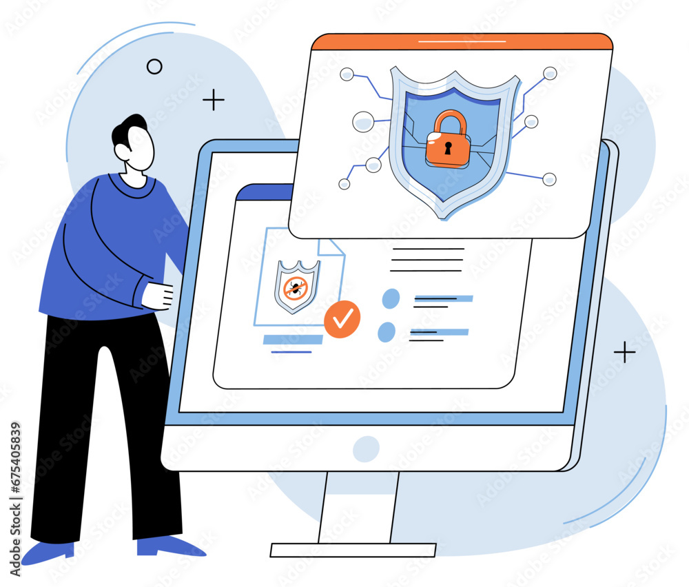 Aufkleber antivirus software development metaphor. malware, computer virus and spyware, industrial cybersecuri