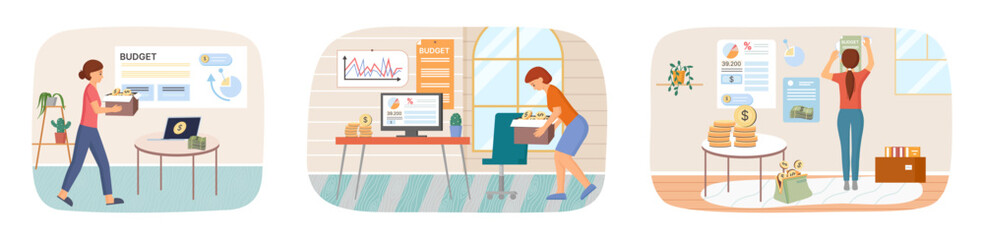 Fototapeta premium People analysis budget. Calculate financial plan of save income and expense management. Family budget, divides items of expenditure. Finance control, date, finance, moving budget. Move flat appartment