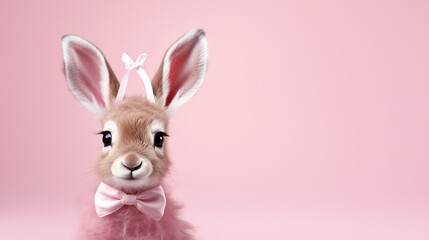 Fototapeta premium A cute rabbit with fluffy ears stands on a pink background, generative AI