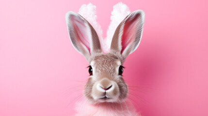 Obraz na płótnie Canvas A cute rabbit with fluffy ears stands on a pink background, generative AI