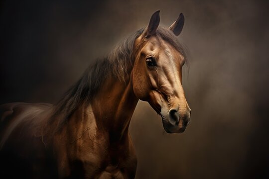 Elegant horse isolated on a black background. Close-up portrait of a horse.