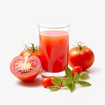Ripe red tomatoes and glass of tomato juice,White Background