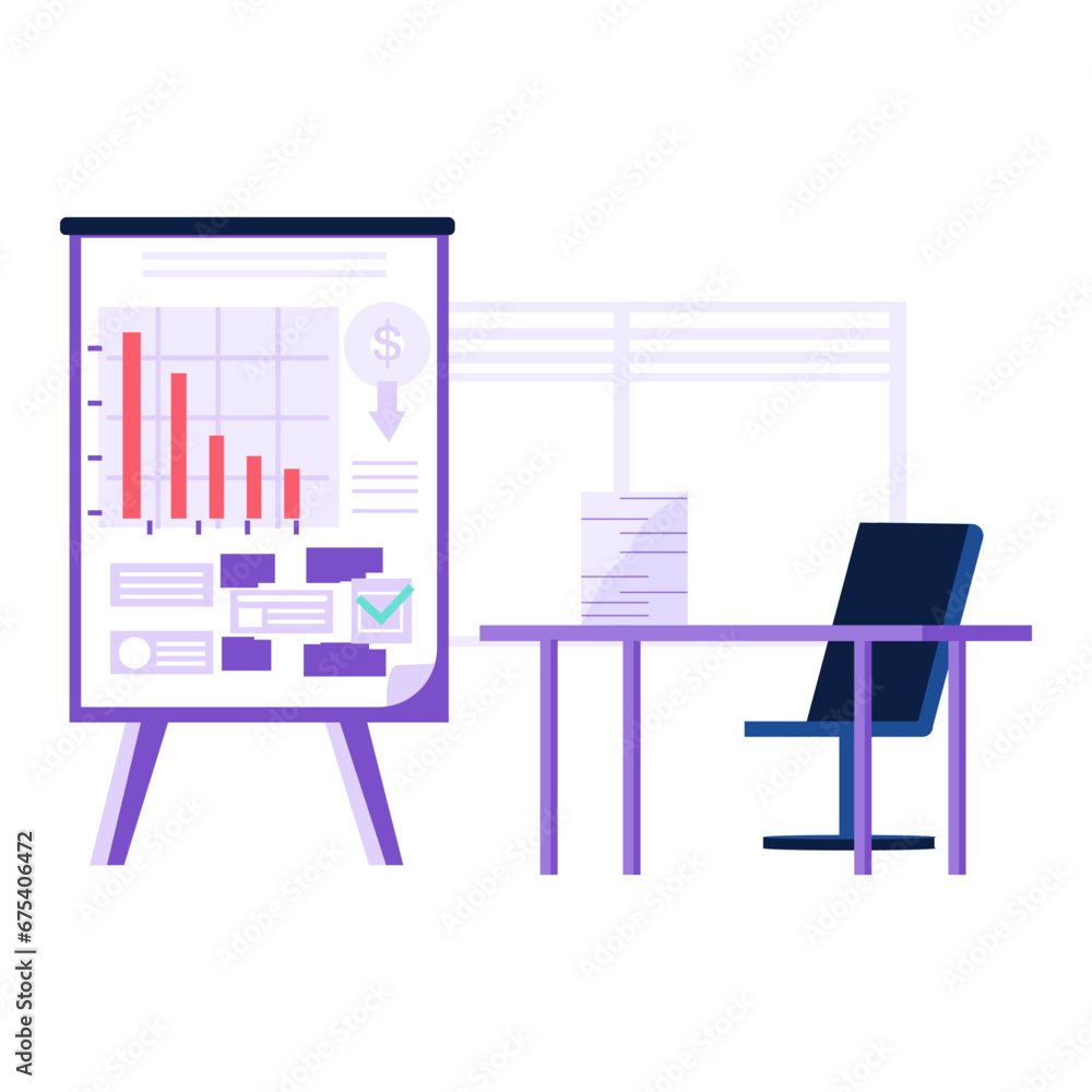 Poster presentation board in office workplace with computer desk and documents flat vector workspace. equip