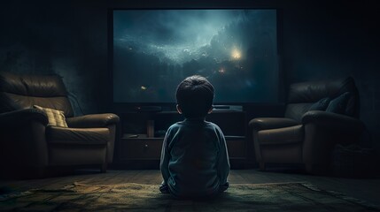 Back view of a little boy sitting in front of tv. Child watching television in dark living room - obrazy, fototapety, plakaty