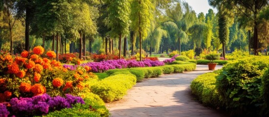 The background of the park was filled with colorful and beautiful flowers enhancing the natural beauty of the summer garden with their vibrant hues and delicate floral patterns creating a m