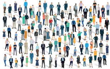 illustration vectorielle représentant un grand groupe de personnages sur fond blanc. Une foule de gens, la population d'un pays. Des femmes, des enfants et des hommes d'affaires.