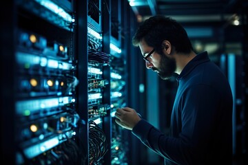 Male IT engineer servicing computer hardware in modern rack room, providing critical IT support for business operations