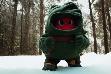 Adorable ninja turtle plush. An unlikely hero amidst a snowy day's delightful whimsy - obrazy, fototapety, plakaty