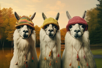Drei Lamas mit Strickmützen, Three llamas with knitted hats - obrazy, fototapety, plakaty
