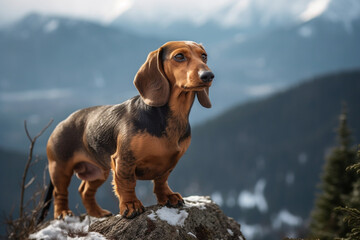 Dachshund dog standing on a rock in the mountains.