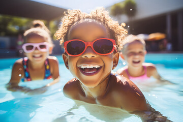 Multi-ethnic children having fun in a pool in summer - obrazy, fototapety, plakaty