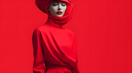 European lady in a red hat red clothes poses against a red background. Glamour showy model in fashion outfit in minimalistic modern style. Banner for fashion show advertising with empty copy space.
