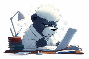 Teddy bear with glasses and a book on a white background.