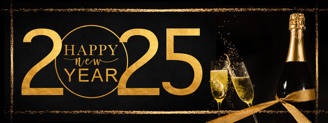 HAPPY NEW YEAR 2025 celebration holiday greeting card background with text - Golden frame,...