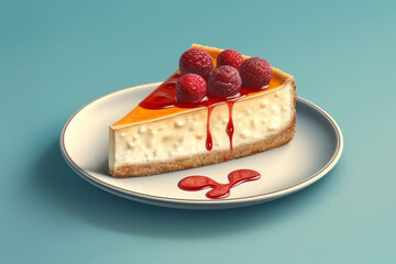 Piece of cheesecake with raspberries on a blue background