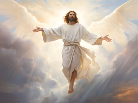 Resurrected Jesus Christ ascending to heaven. God, Heaven and Second Coming concept