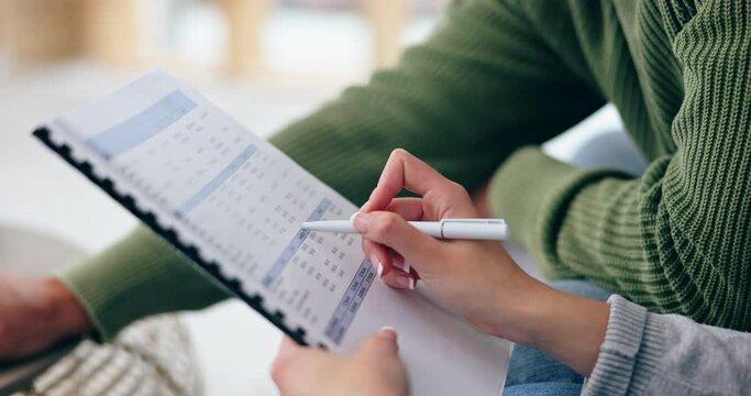 Couple hands, documents and planning for home bills, budget application or financial taxes on sofa. Woman and man writing on paperwork stats for loan, rent payment and salary or income numbers review