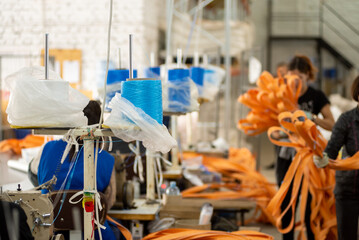 Fototapeta na wymiar workshop of sewing machine. textile production