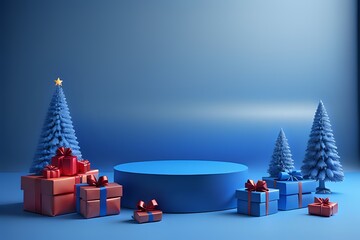 blue podium for product display with new year and Christmas background made with Generative AI