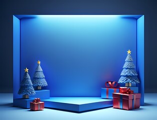 blue podium for product display with new year and Christmas background made with Generative AI