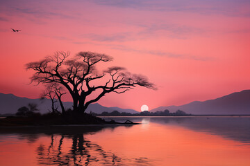 Serenity Unveiled: Salmon Sunset, Lake and Majestic Mountain Ranges with Lone Bare Tree Silhouette
