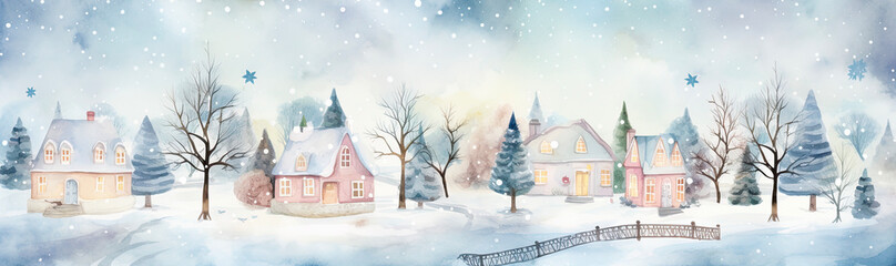 Cozy Winter Town in Watercolor .