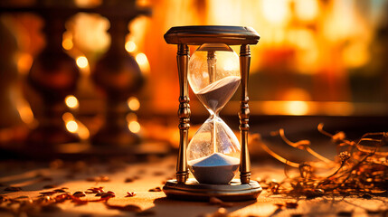 Flowing sands in hourglass, Time's passage, Grains marking moments in vintage elegance,