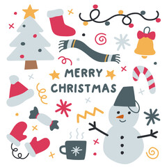 Merry Christmas and Happy New Year cute set. Flat vector illustration icons on white background for greeting cards, posters, covers in modern minimalist style Kawaii stickers collection for decoration