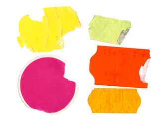 set of empty grungy adhesive price stickers, mulicolored price tags, with free copy space, isolated...