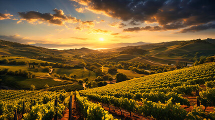 Sunset over rolling vineyards, Wine country, Rows of grapevines bathed in warm light - obrazy, fototapety, plakaty
