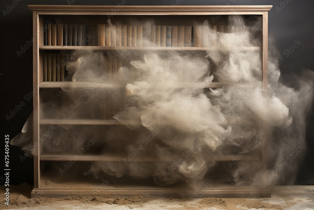 Wall mural An old wooden bookshelf sits neglected in an attic, a thick layer of dust covering its books and trinkets